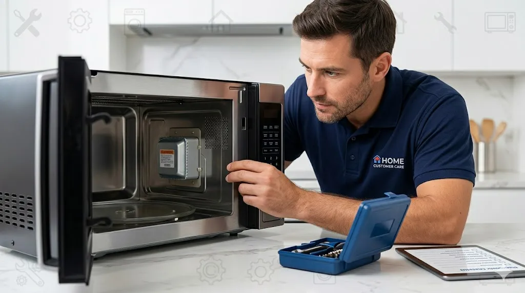 Technician's hand cleaning the magnetron cover inside a microwave oven in Hyderabad