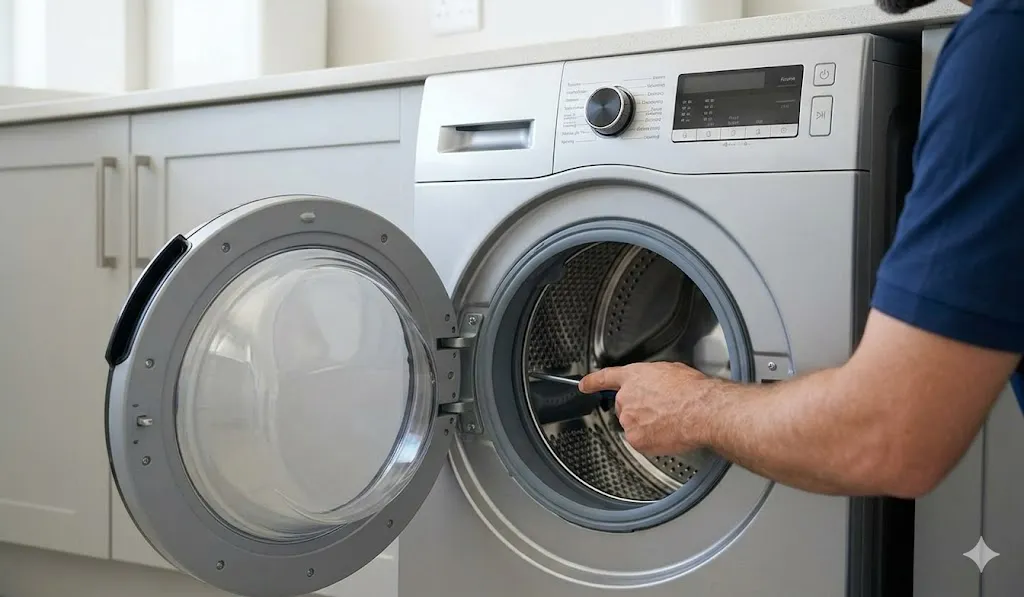 Technician's hand inspecting the drum of a front-loading washing machine in Hyderabad